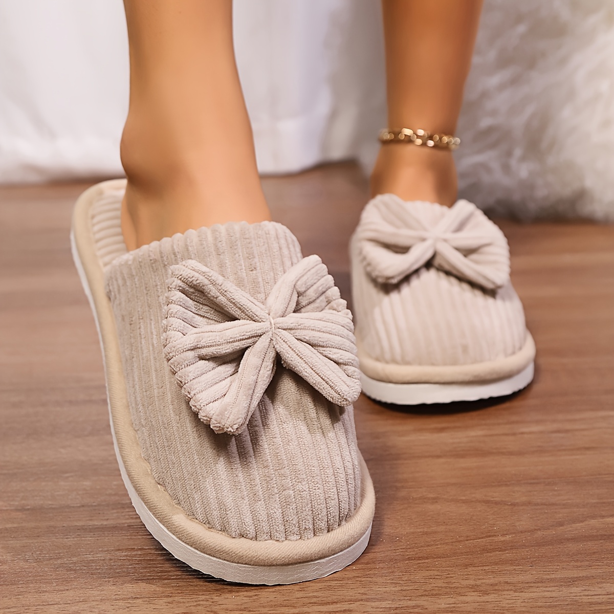 

Cozy Bowknot Plush Slippers For Women - Soft, Warm & Comfortable Open-toe Home Shoes With Non-slip Eva Sole, Winter