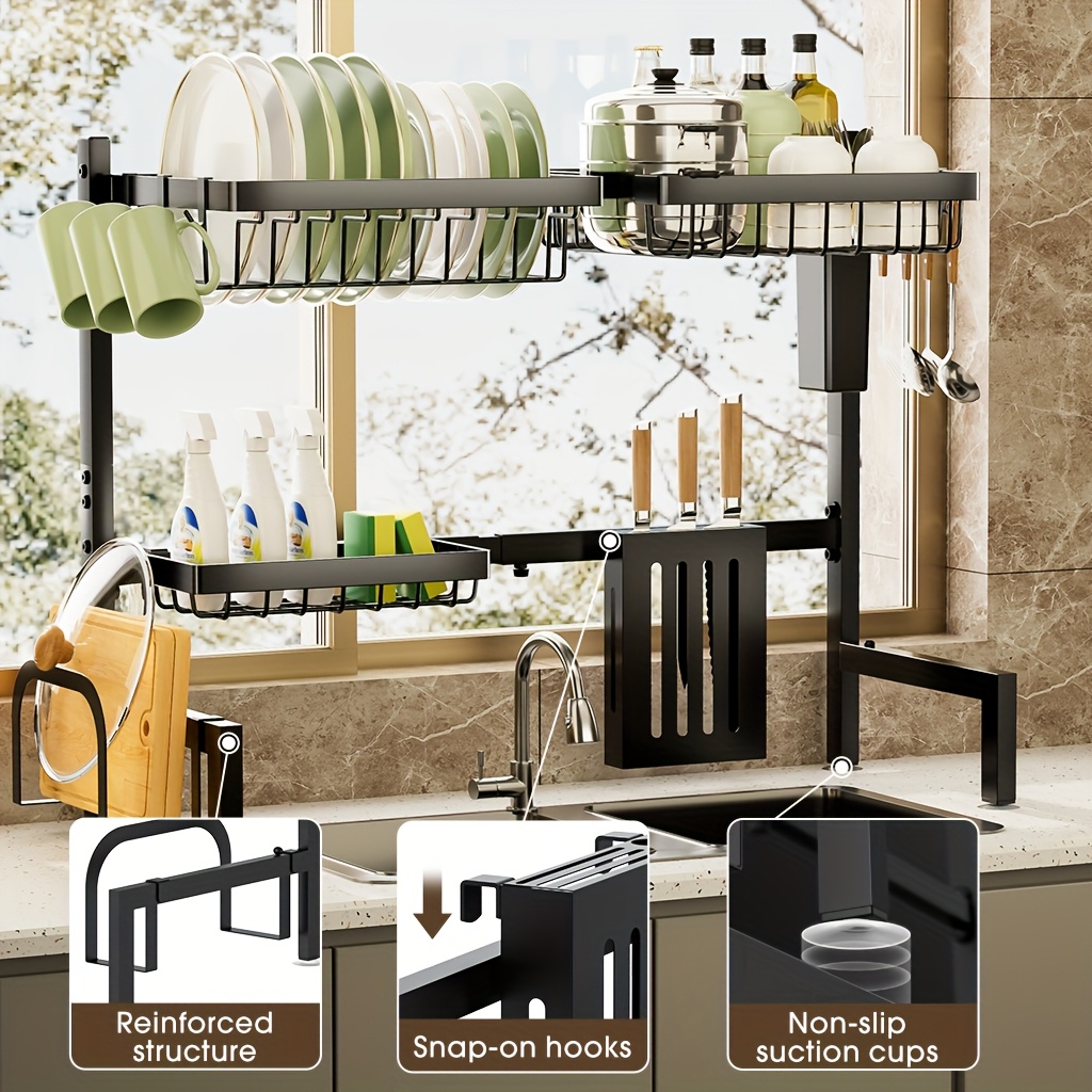 Expandable Multi-Tier Black Kitchen Organizer with Dish Rack, Drainage Tray, Spice Shelf & Towel Holder - Space-Saving Sink Storage for Dishes, Utensils | Durable Black Metal | Dustproof Design, Kitchen Accessories, Kitchen Organizers And Storage