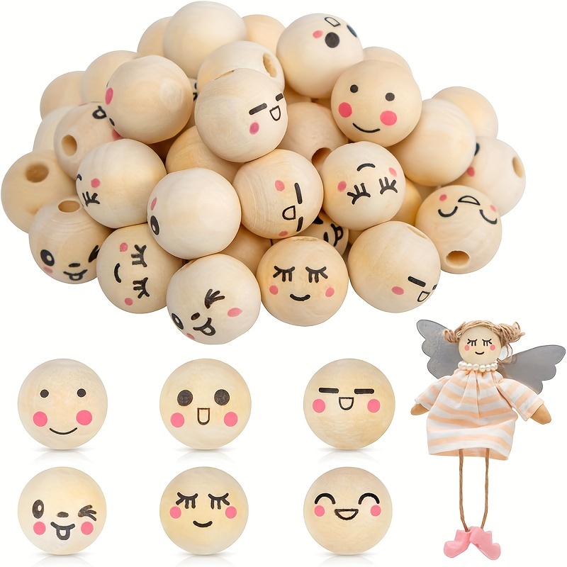 

60pcs Perles en bois avec des visages, Perles rondes en bois pour la fabrication de bijoux de bricolage, l'artisanat, la décoration intérieure, les ornements de Noël festifs, les fournitures d'art