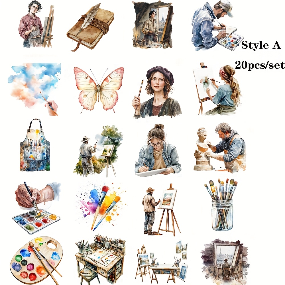 Image of 20pcs/set Vintage Watercolor Artist Handmade Stickers For Decoration
