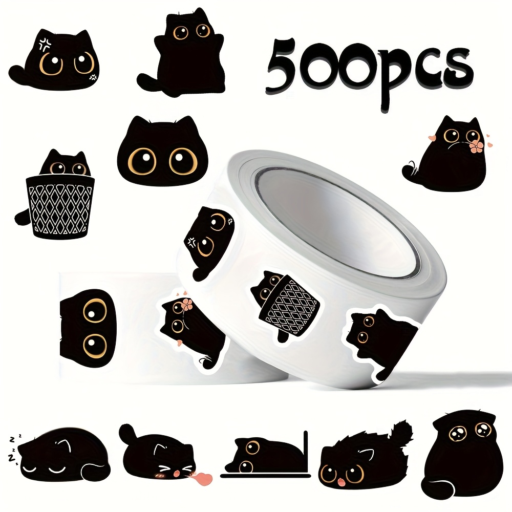 Image of 500pcs/1000pcs Black Cat Cute-style Themed Round Curly Stickers, Featuring Black Cats In Adorable Poses With A Naive And . Primarily In Black, Stickers Are Suitable For Journal Decoration, Cat-themed