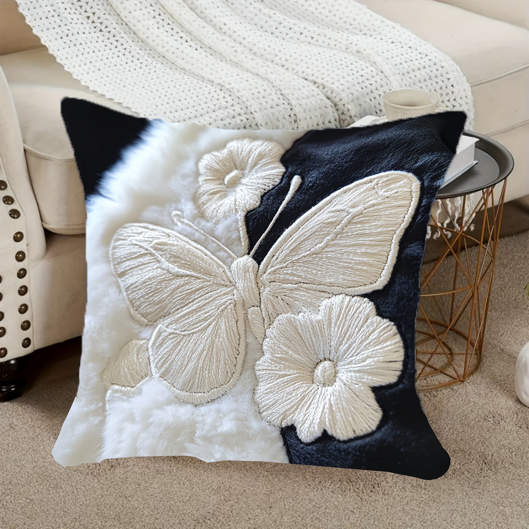 

1pc Contemporary Embroidered Throw Pillow Cover, 18x18 Inch, Soft Polyester Short Plush, Machine Washable, Zipper Closure, Woven Decorative Cushion Case For Home, Sofa, Bedroom - No Insert