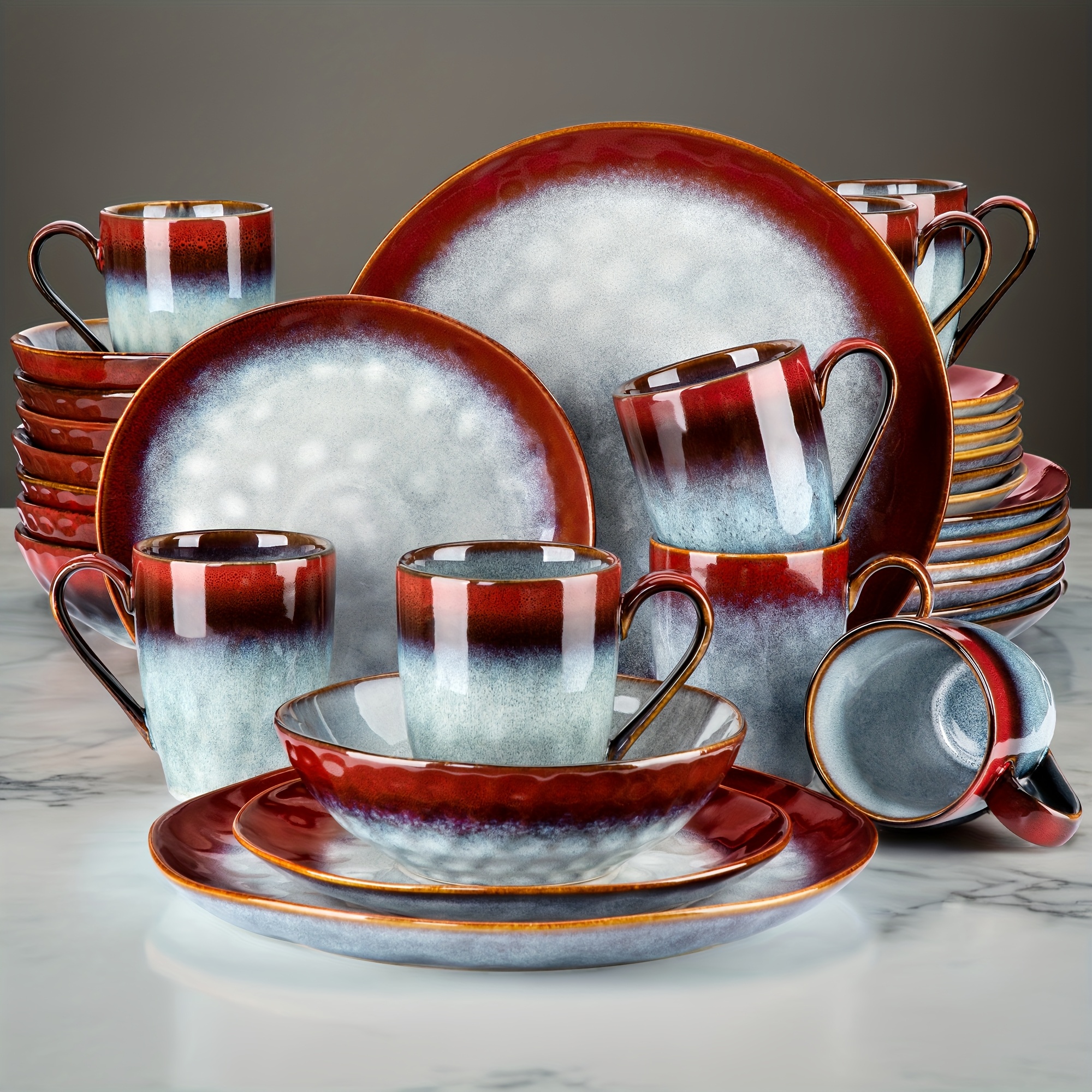 E-shop 16-teiliges rotes Geschirrset, reaktive Farbwechsel-Glasuren, 4 Stück jeder Teller, Dessertteller, Schüssel und Tasse, Geschirrsets für 4