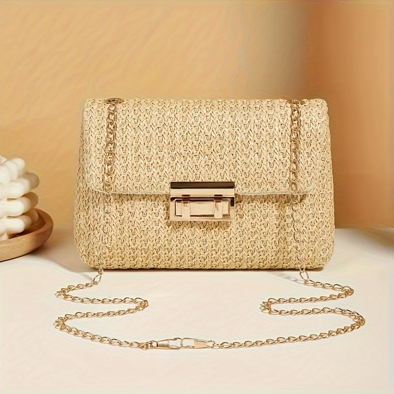 

Women's Casual Woven Straw Shoulder Bag, Simple Lock Clasp, Flap Cover With Grass Weave Design, Small Chain Crossbody Bag, Travel Holiday Beach Purse