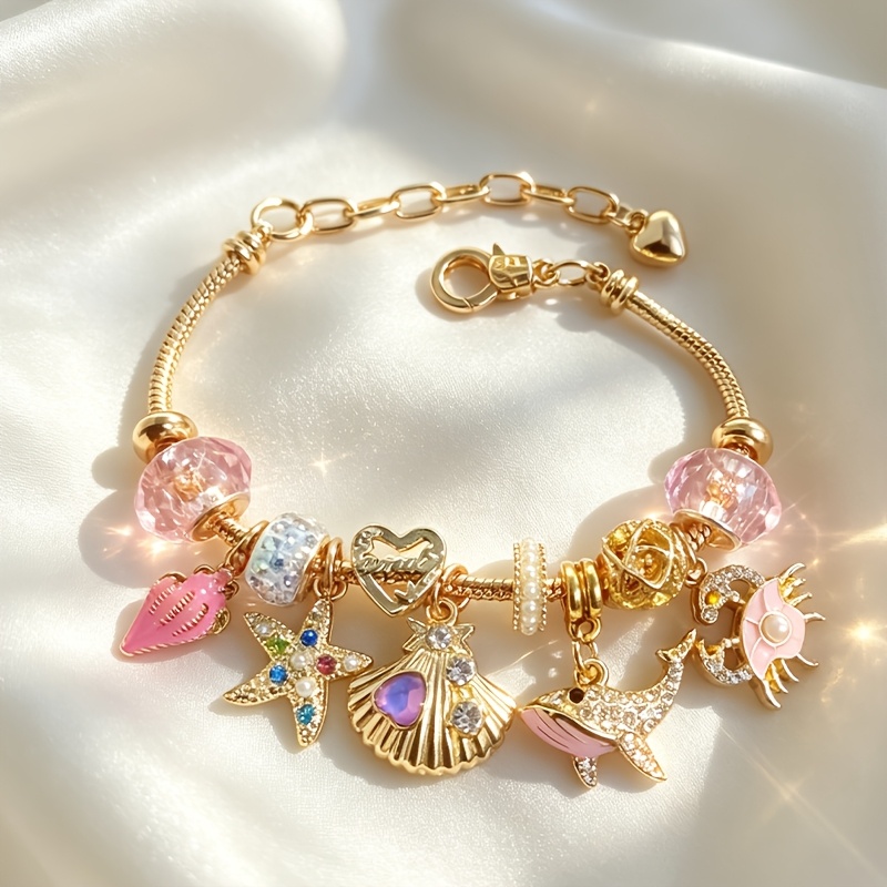 TEMU Light Luxury Bead Bracelet, Whale Shell Starfish Conch Crab Pendant, Adjustable Snake Chain, Women's Beach Vacation Girly Heart Best Friend