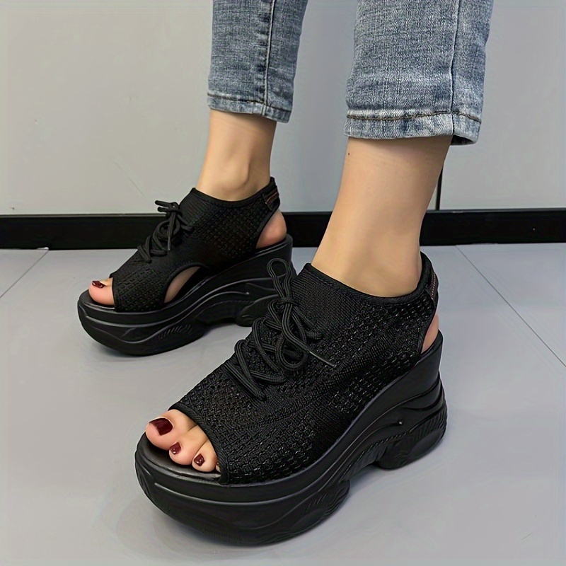 

Women's Knitted Chunky Wedge Sandals, Lace Up Peep Toe Slingback Platform Heels, Fashion Breathable Sporty Sandals
