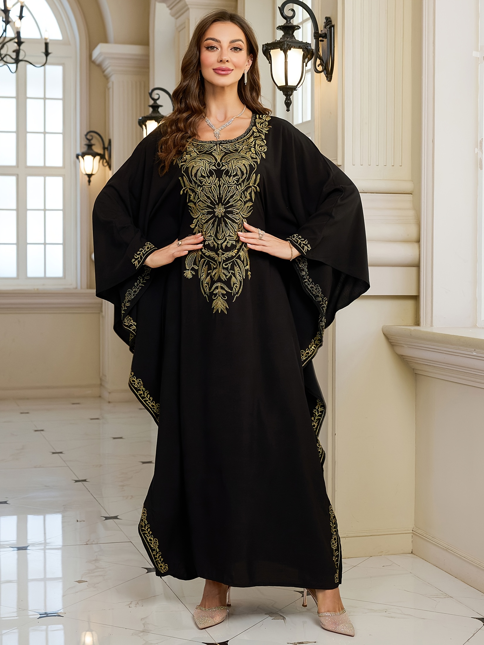 ベージュ/ブラック カフタン刺繍 ロングドレス ビジュー×刺繍レースシアーざっくりスリットロングドレス