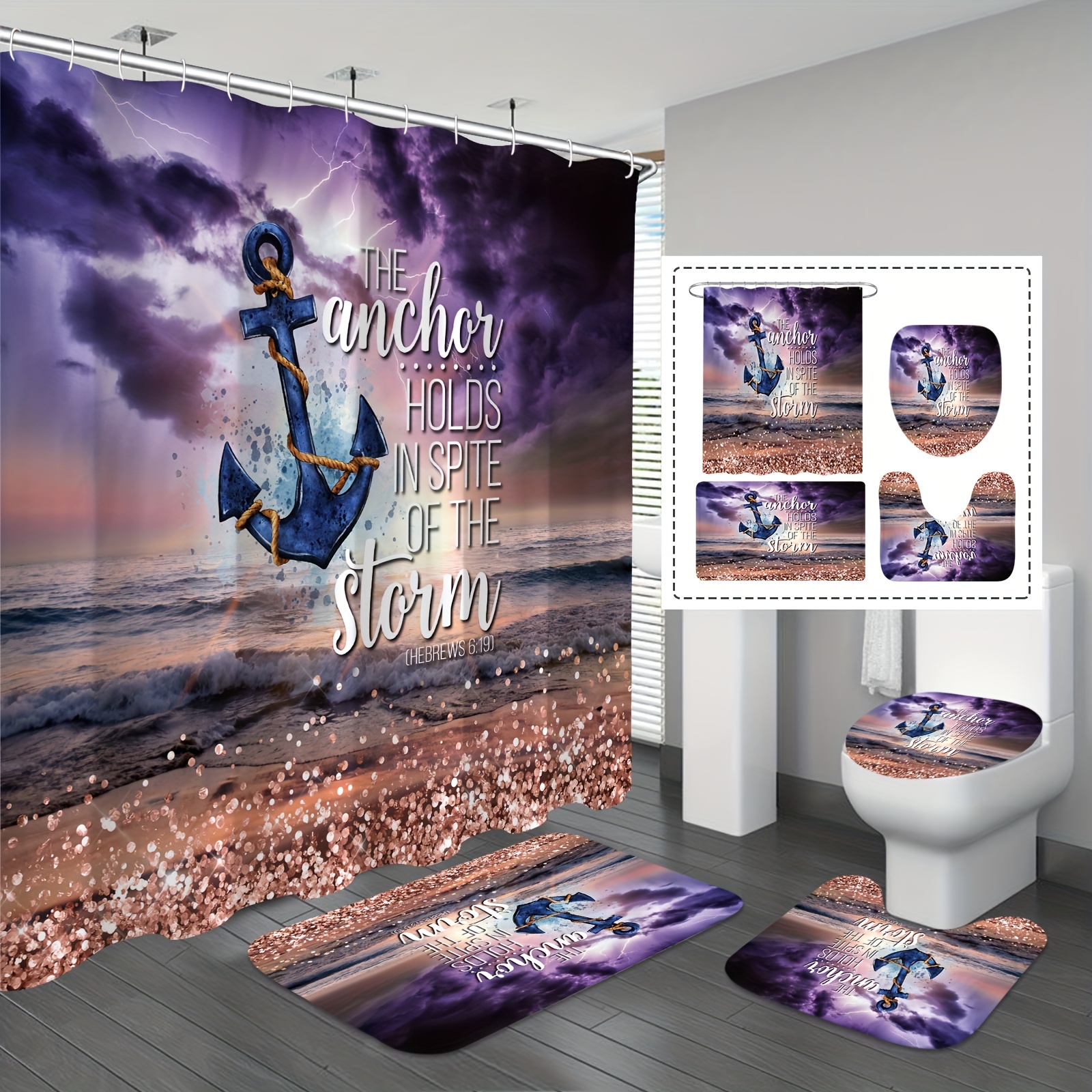 Cortina de ducha para baño, tela de anclaje azul marino con cuerdas, juego  de cortinas de ducha con 12 ganchos, lavable a máquina, impermeable