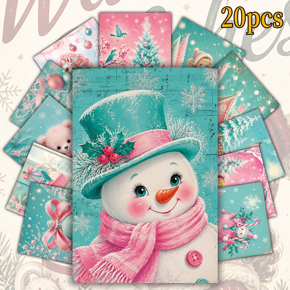 TEMU 20pcs Teal Christmas Postcards, 4x6 Inch Retro Nostalgic Cards With Snowman Santa Claus Deer Christmas Tree Patterns, Ideal For Christmas New