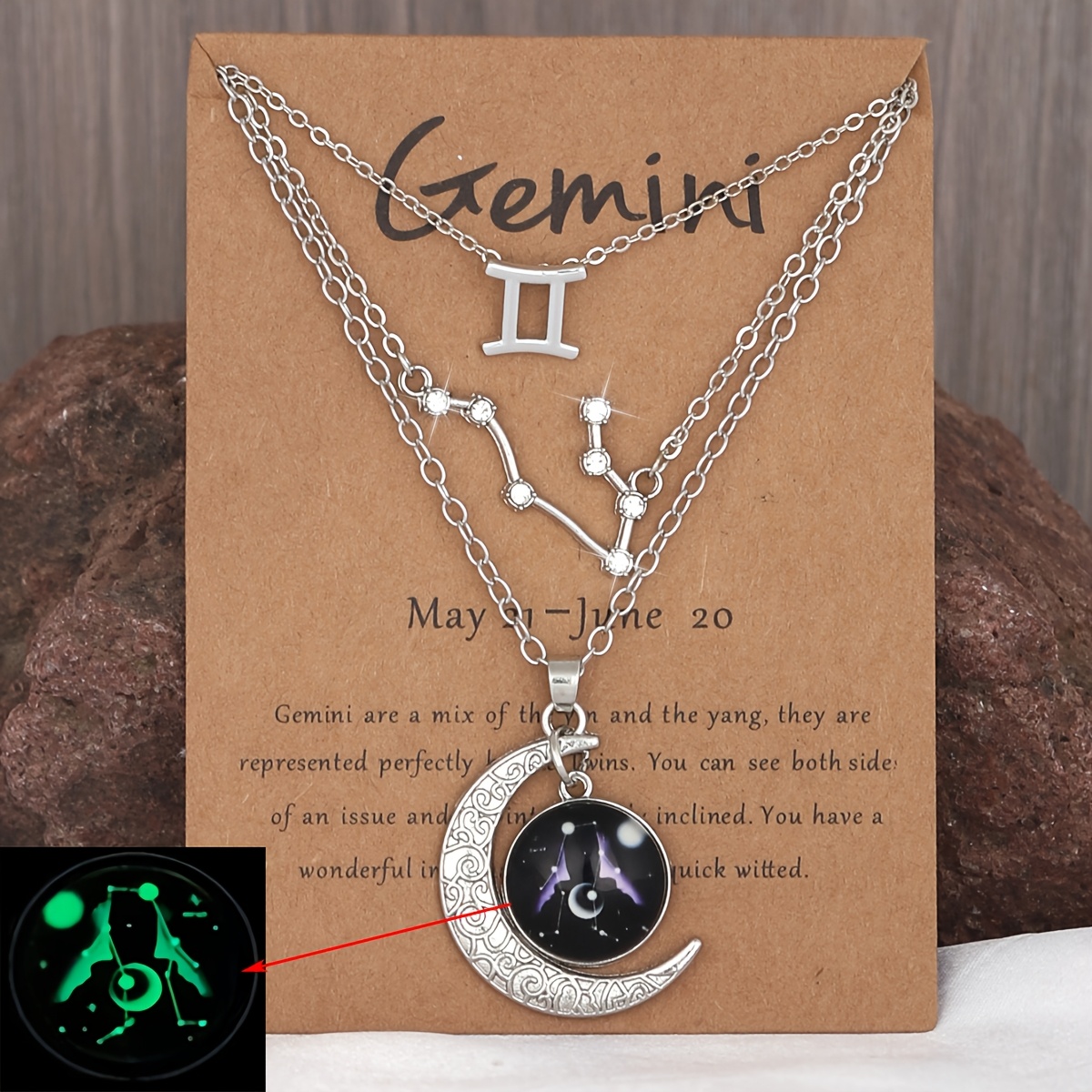 TEMU 3pcs Vintage Zodiac Moon Luminous Pendant Necklace Set | Celestial Symbols, Plated K Alloy, Ideal For Daily Wear And Gift-giving