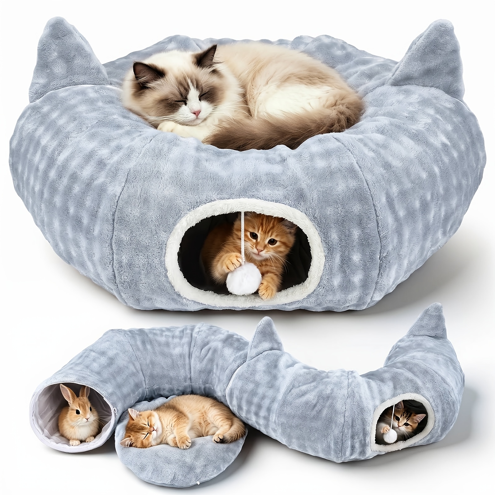Image of Extra Large 3-in-1 Cat Tunnel Bed For Indoor Cats, Plush Fluffy Cat Cave Bed With Cat Ears And Interactive Pom Pom, Collapsible Multi-entry Nest For Multi-cat Households, Kittens, Puppies, Rabbits