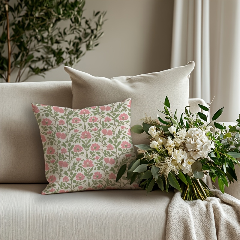 TEMU 1pc Chic Floral Throw Pillow Cover - 18x18 Inch, Modern Decorative Case, Zippered, Machine Washable Polyester, Peach Fleece, No Insert,