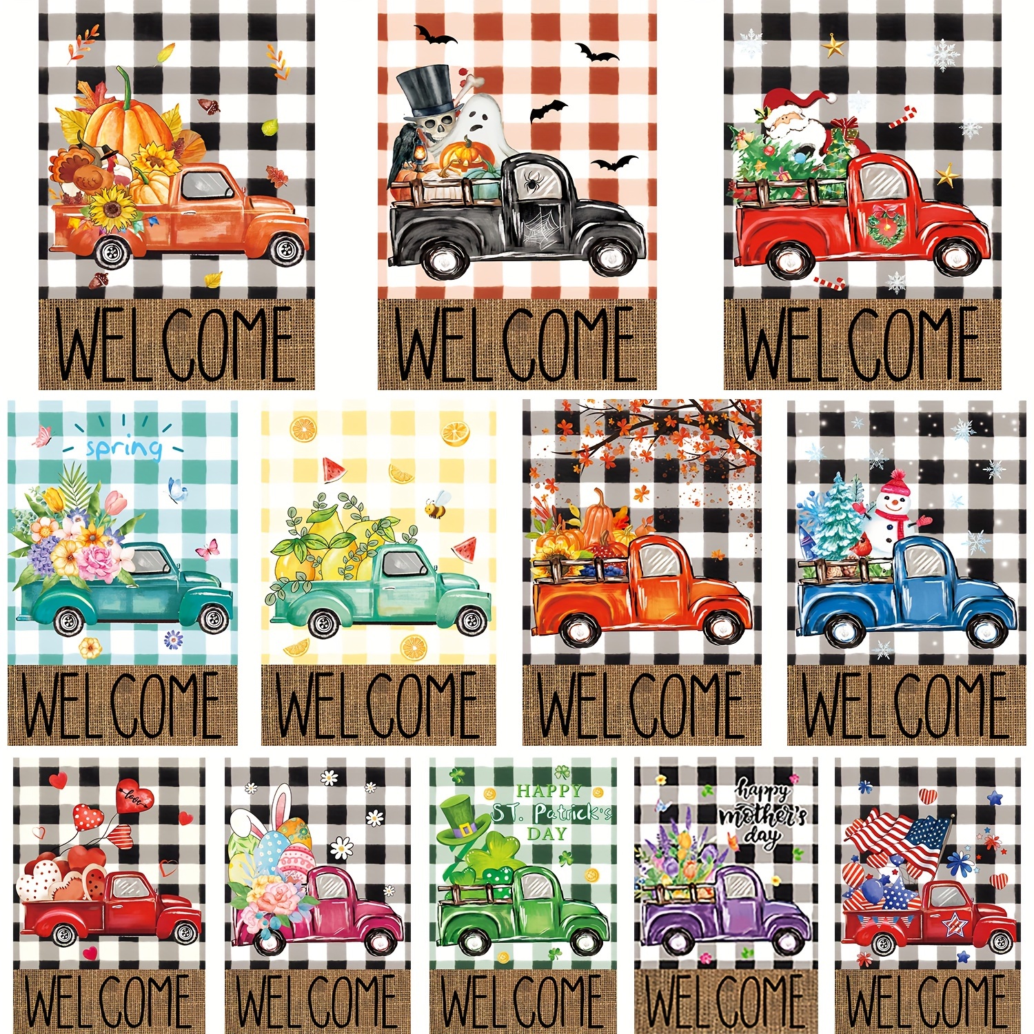 

12pcs Seasonal Garden Flags, 12 Inch/30 X Double Sided Seasonal Truck Garden Flags, Set Of 12pcs Halloween Christmas Burlap Holiday Yard Decoration, Welcome Outdoor Decor