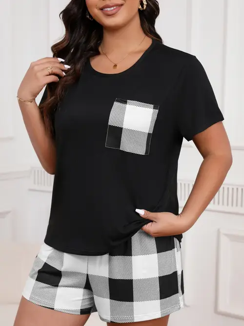 plus size print pocket appliqu bow short sleeve shorts pajama set