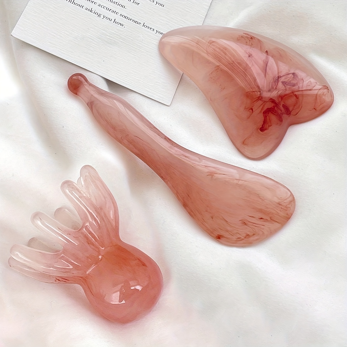 TEMU 3 pièces Ensemble de Massage Visage et Cuir Rose - Tête et Mâchoire, Outil de Lifting Facial et Capillaire, Planche Gua Sha en Plastique avec