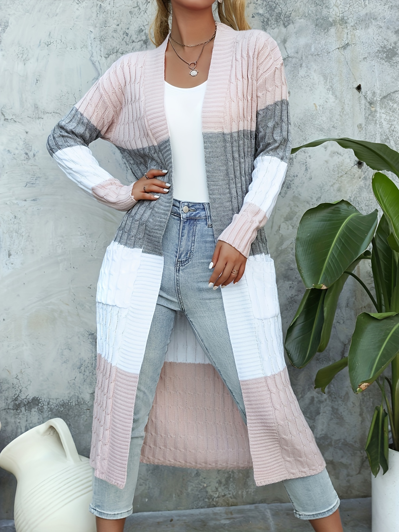 Color Block Open Front Duster Cardigan, Casual Long Sleeve Longline  Cardigan For Spring Fall, Women's Clothing