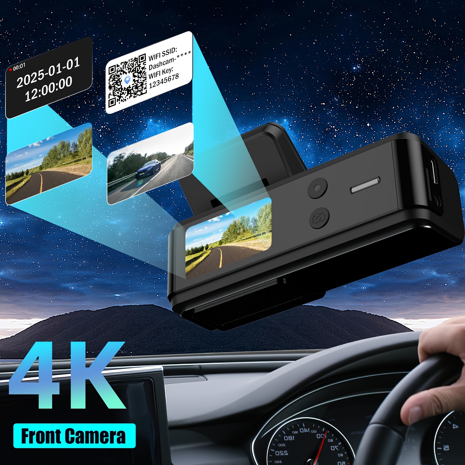 4K Vehicle Camera with 170° Ultra Wide-Angle Front Lens Featuring WDR Technology | G Sensor Impact Lock | Continuous Loop Recording | Night Vision, Wifi-Enabled Control for Any Vehicle