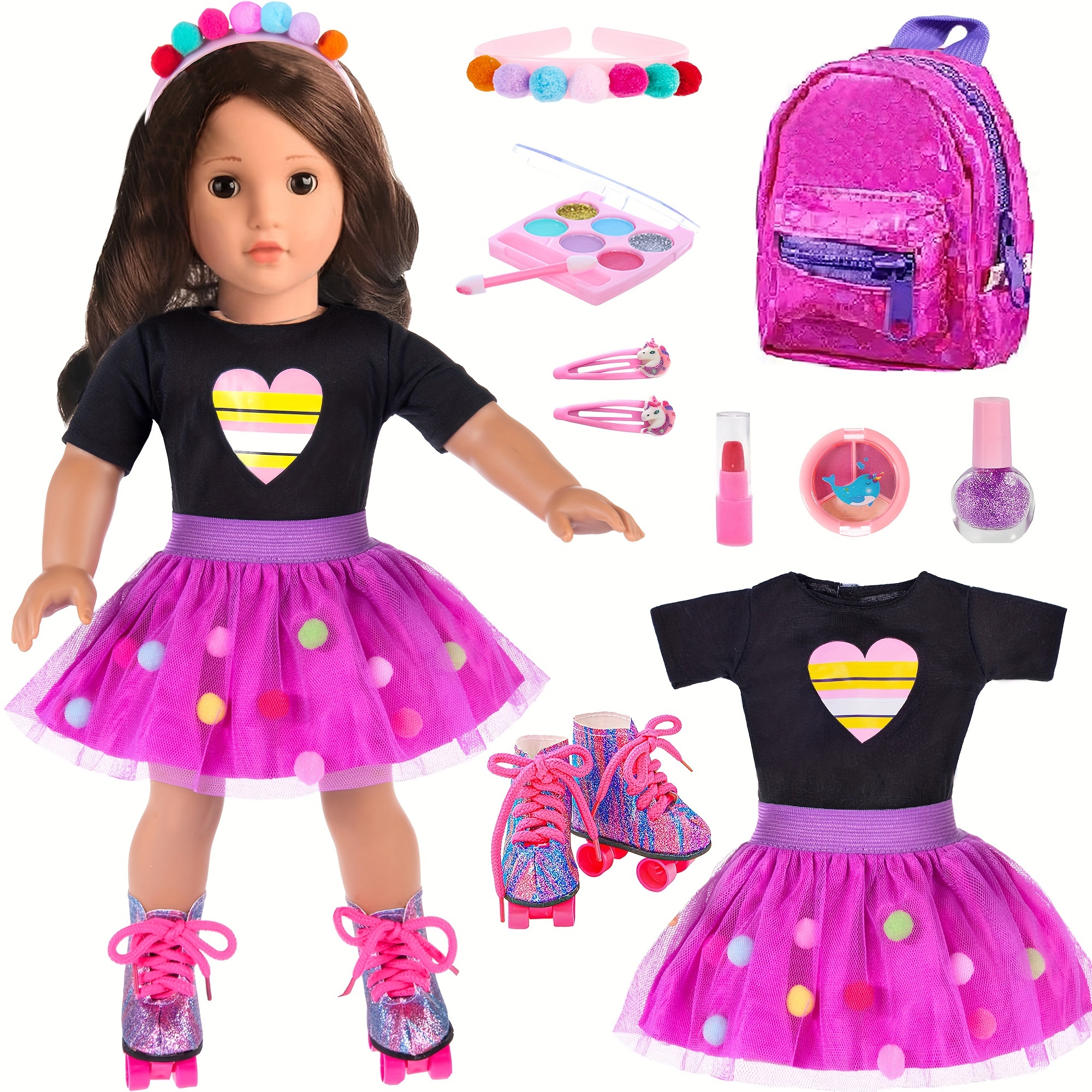 

18 Inch Girl Doll Clothes And Accessories Skating Set Shoes, Top, Skirt, Backbag, Headband And Toys (no Doll) Christmas Gifts