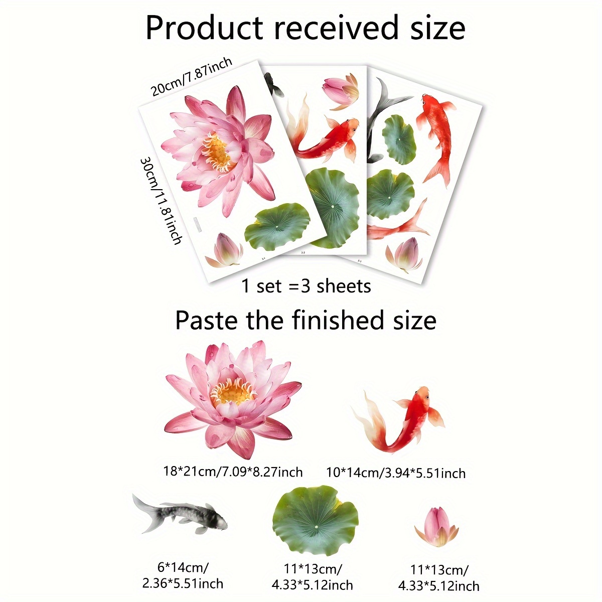 Image of A Set Of 3 (20*30cm*3pcs) Chinese Style Lotus Leaf Lotus Goldfish Wall Stickers Bathroom Bathtub Stickers Decorative Wall Stickers Self-adhesive Wall Stickers (summer Must Have) (ms3207-yl)