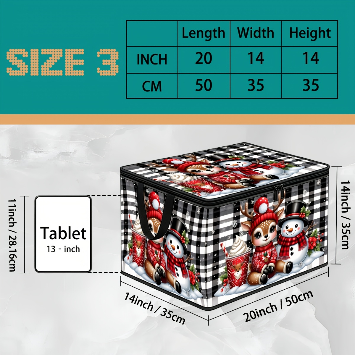 TEMU Aufbewahrungsbox, 1 Stück, mit kariertem Hintergrund, mit einem Cartoon-Druck niedlichen Weihnachtsrenns Schneemanns, die nebeneinander sitzen,