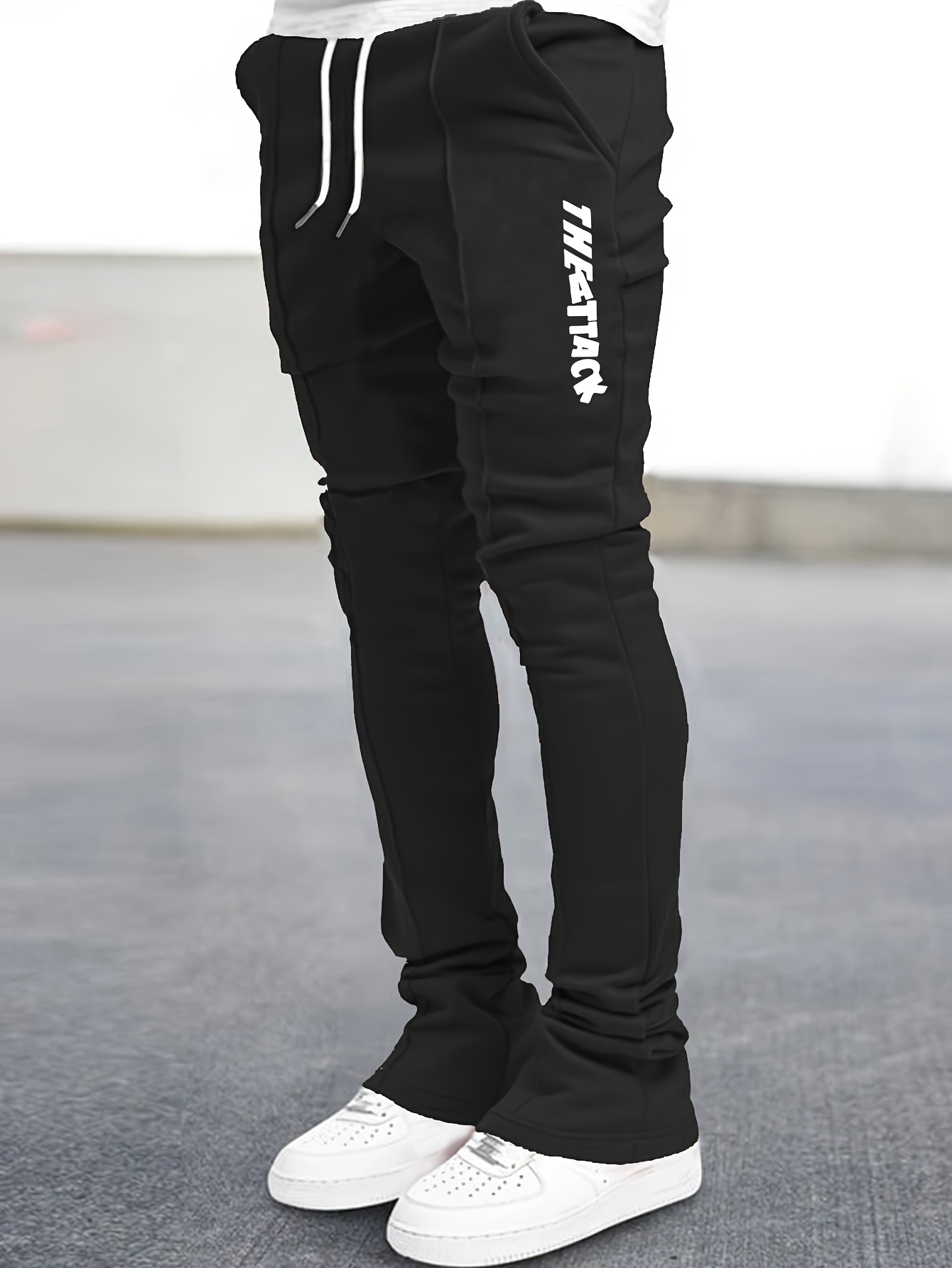 letter print comfy bell-bottomed pants, men's casual stretch hip