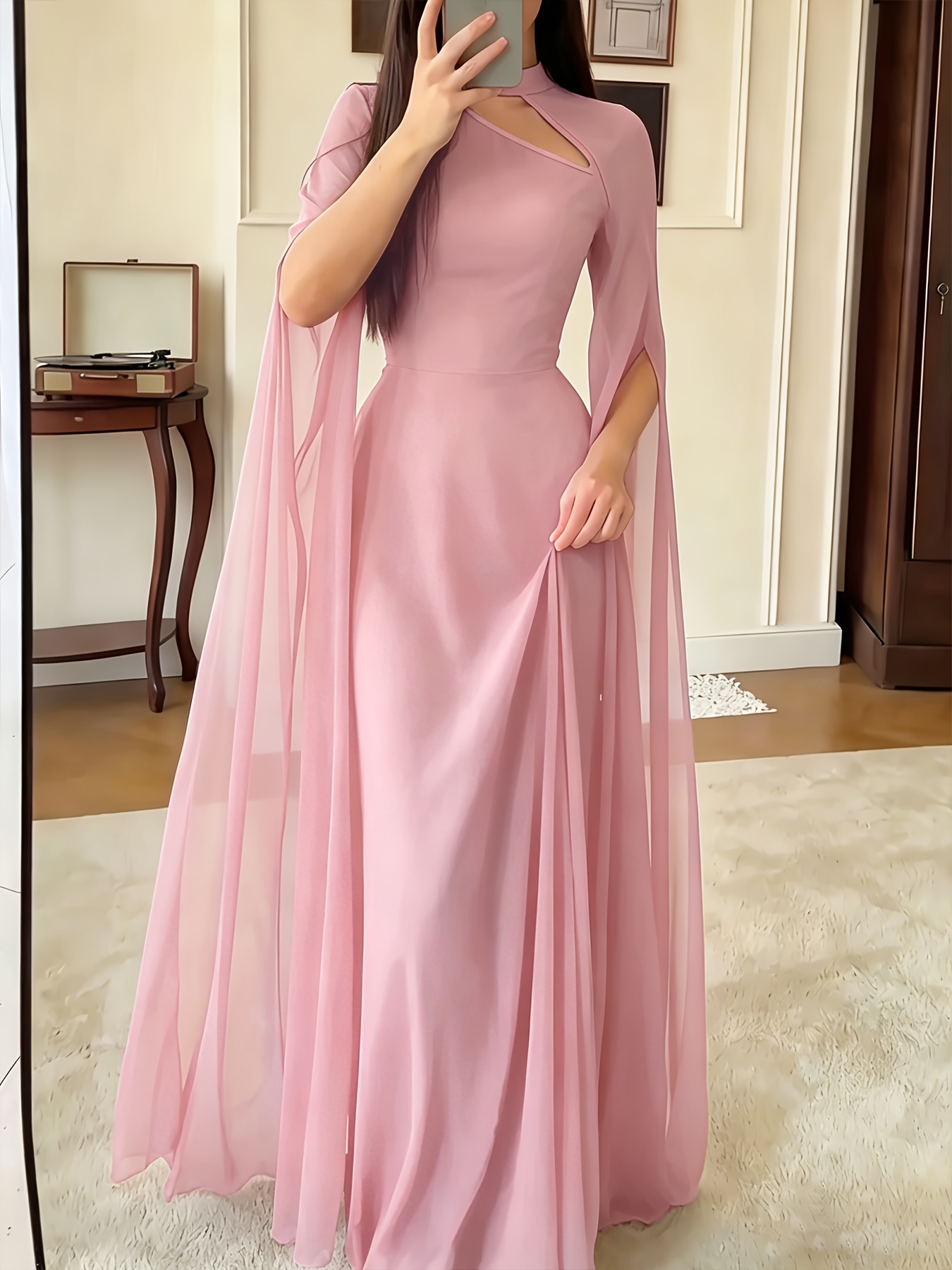 navy blue maxi floor length evening dress cape sleeve cutout - Temu  Mauritius