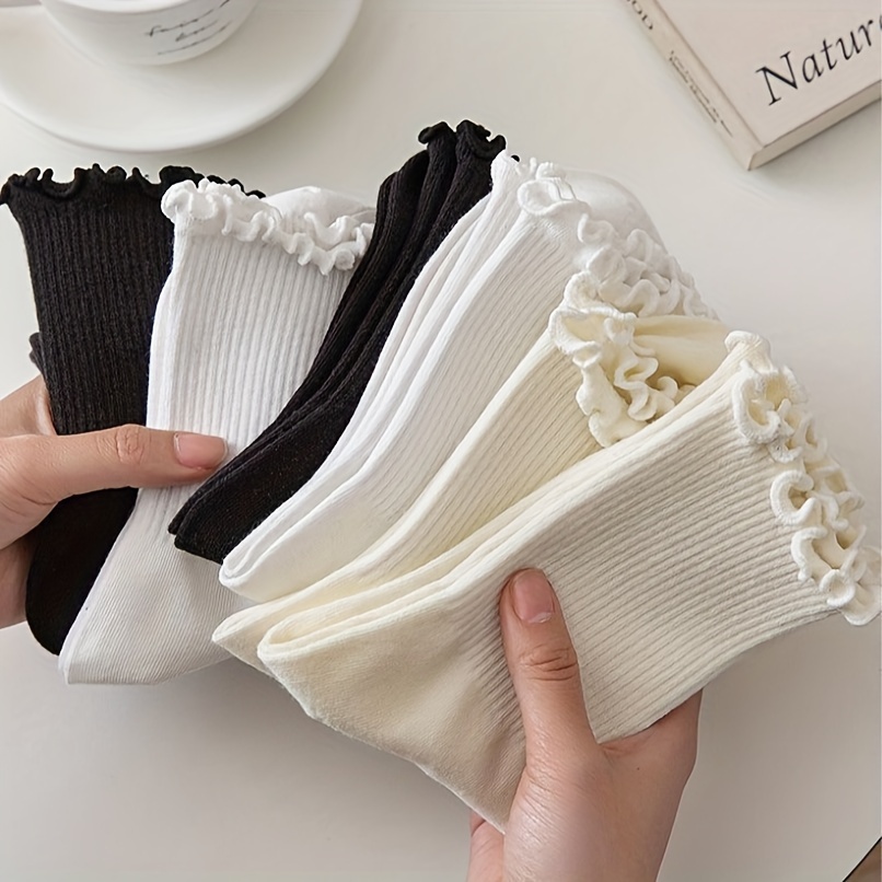Image of 3 Pairs Of Women's Mid-calf & Black Lace Socks, Spring/autumn Style, Black Long Socks, Ruffle, Versatile Jk Short Socks