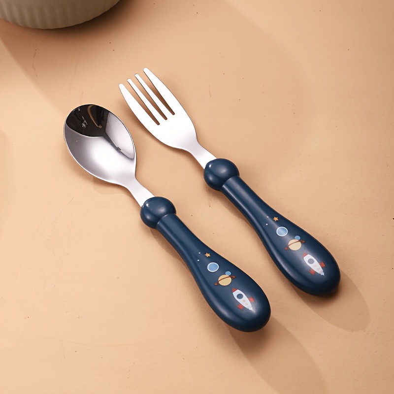 TEMU 2pcs Cutlery - Stainless Steel With Colorful Handles, Dishwasher Safe, Includes Blue Geometric Pattern Flatware, Utensils