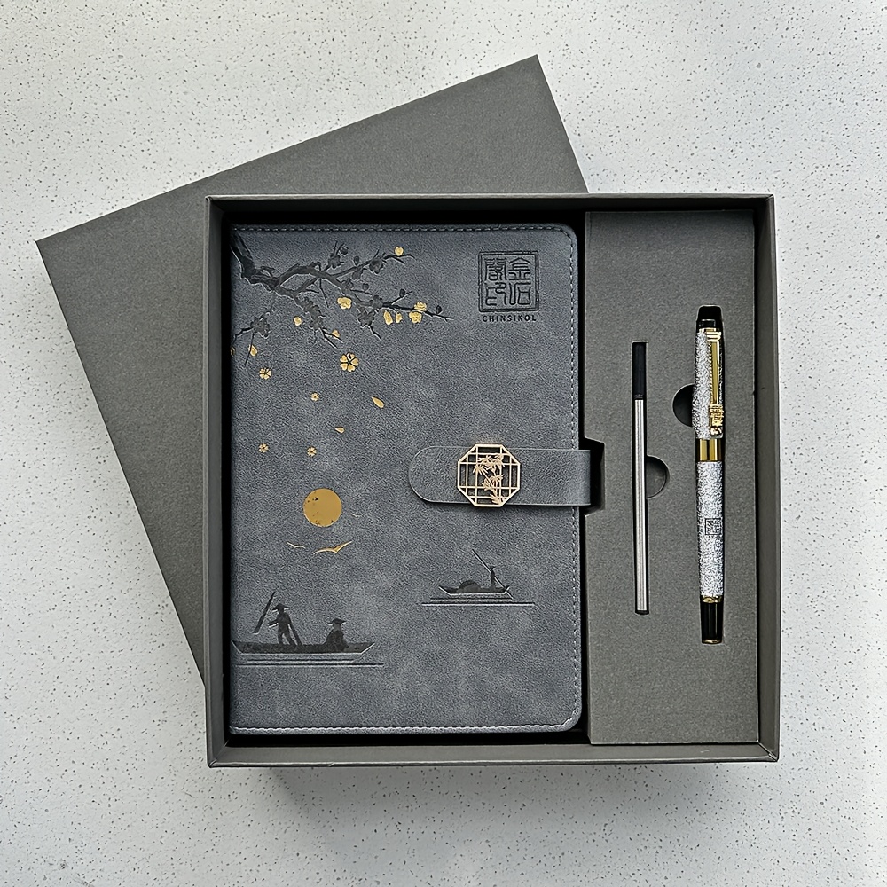 TEMU Set confezione regalo CHINSIKOL con A5 in stile cinese, souvenir aziendale con incisione personalizzata, set note e penna con personalizzato