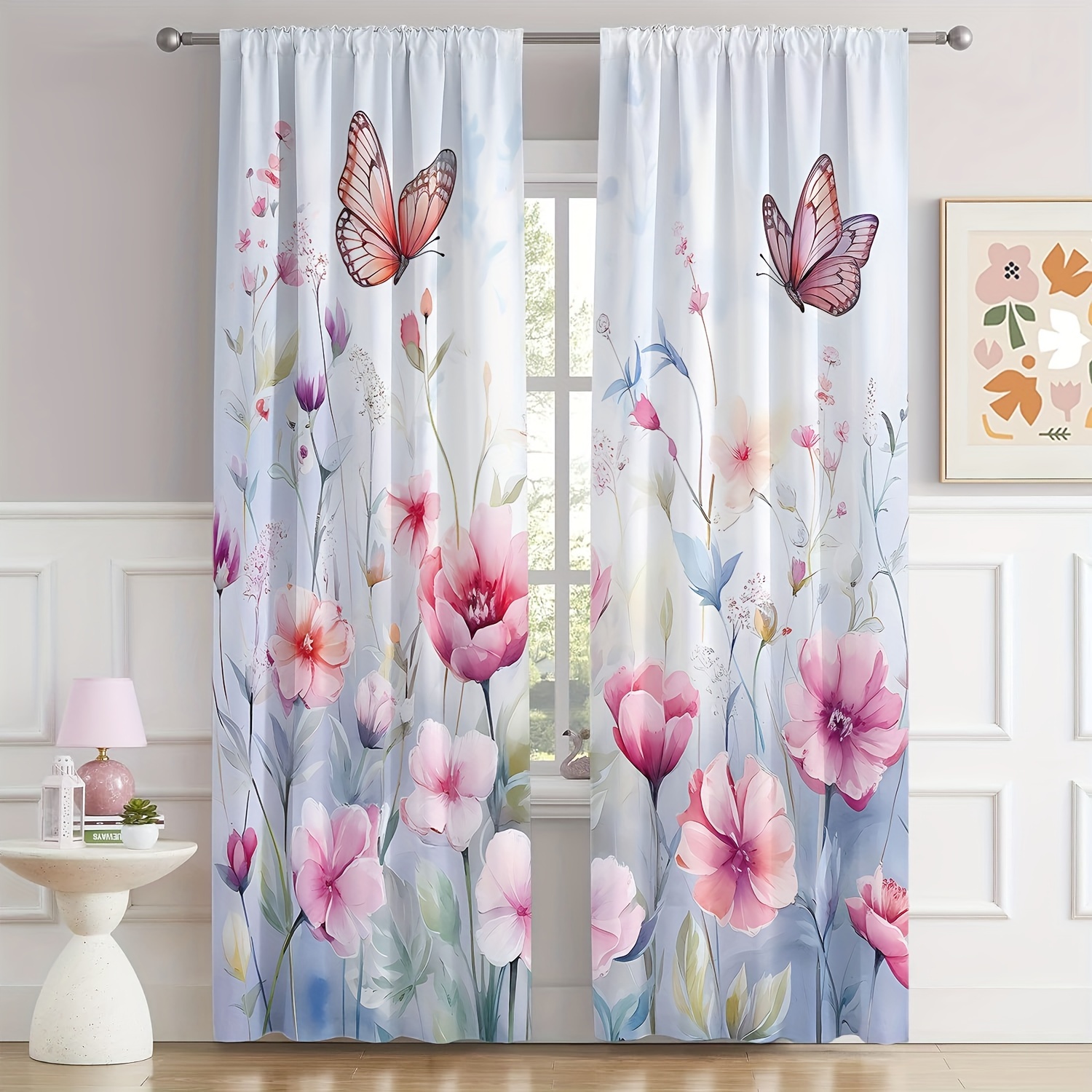 

2pcs/set, Butterfly And Floral Pattern Curtains, Machine Washable, Artistic Decor For Bedroom & Living Room, Room Decor, Home Decor