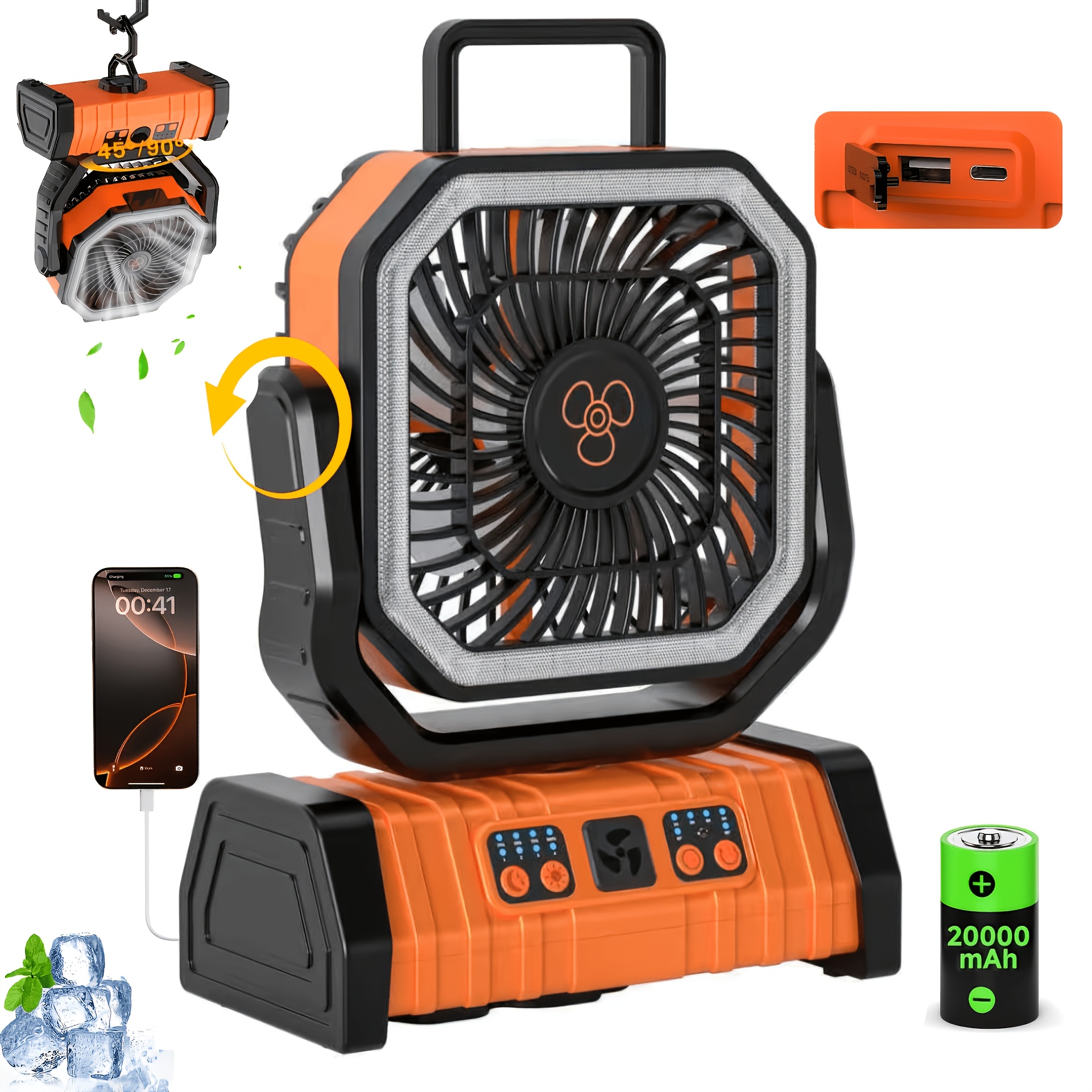 TEMU Swing-type Camping Fan With Led Lights, 20000mah Portable Camping Fan, 360° Adjustable Head, Hanging Hook, Timer, 4 Wind , Suitable For Outdoor