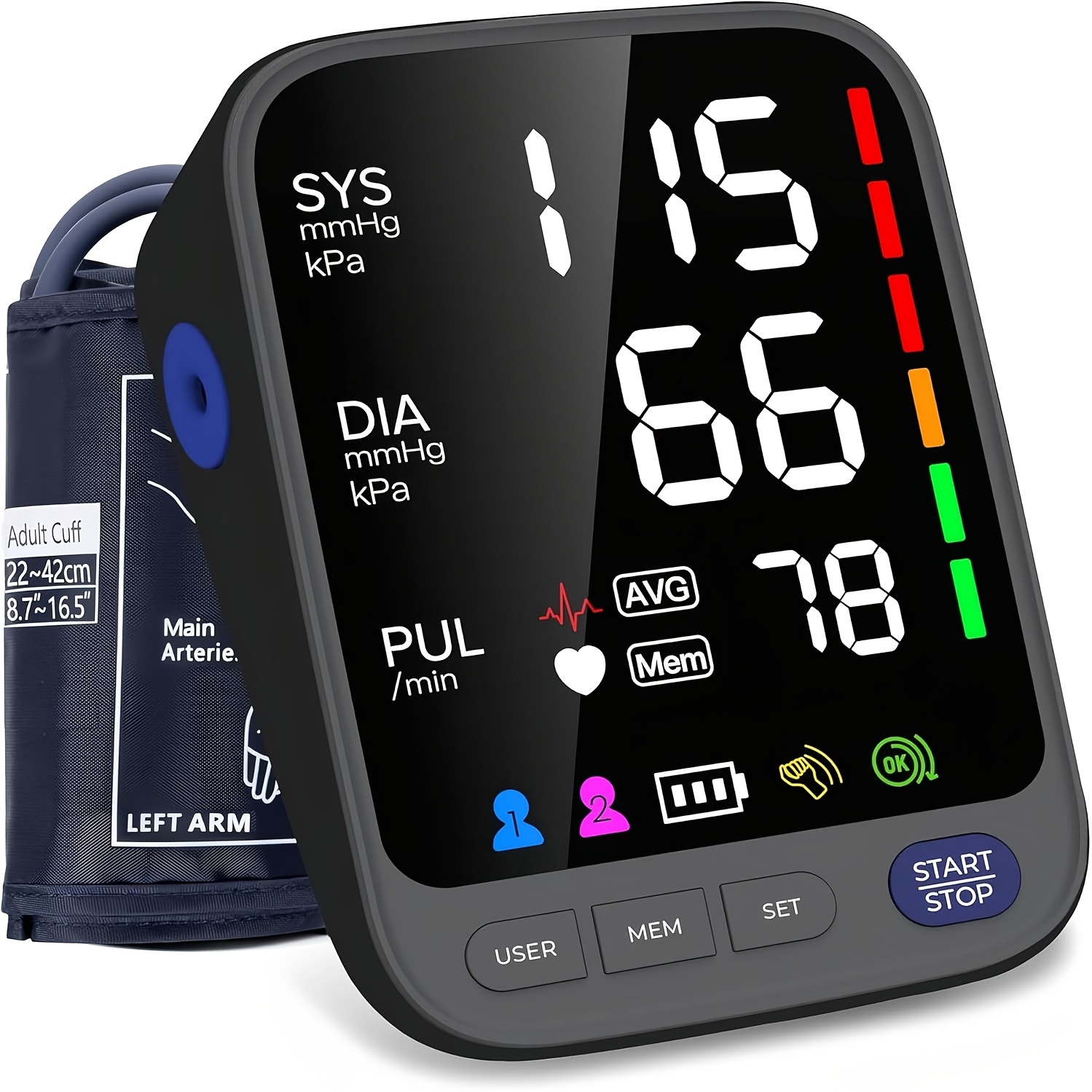 Puxzo Premium New Automatic Blood Pressure Monitor: Heart Rate Monitoring + Oversized Cuff, 120-Reading Memory, LED Large Screen with Tri-Colour Backlight Alerts, Dual-Power Portable Design. Blood Pressure And Heart Rate Monitor, Includes 4 Batteries - Image 3