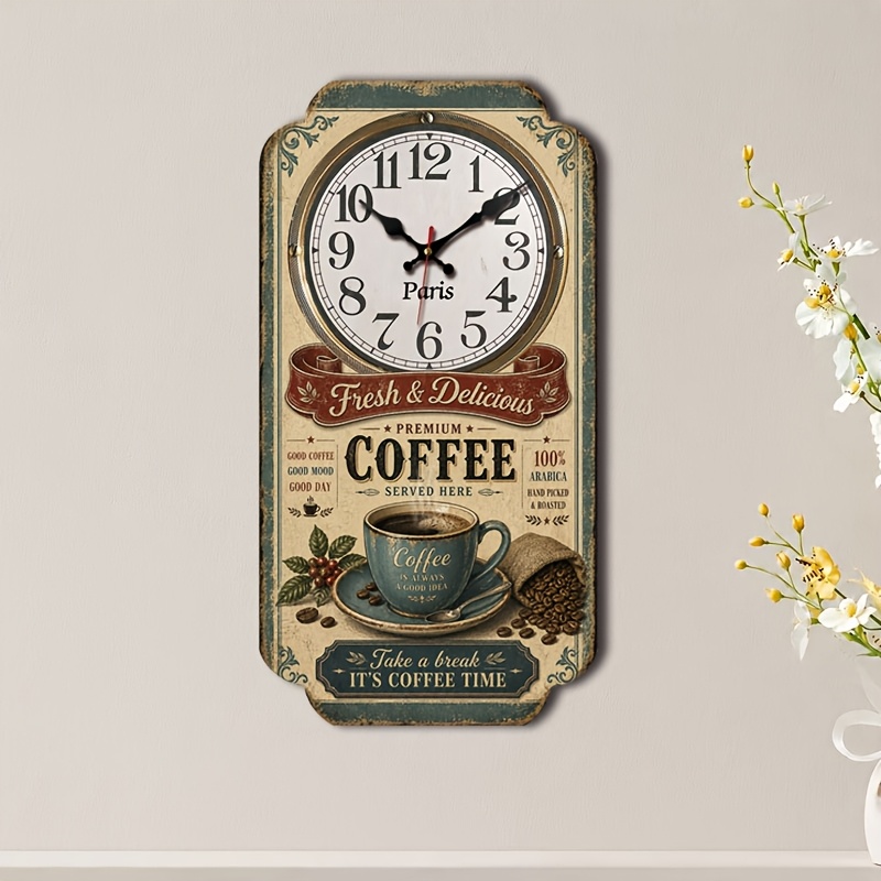 TEMU 1pc Jfht Vintage Coffee-themed Silent Wall Clock With Coffee Bean & Cup, Wood Battery- Irregular Modern Retro Clock Suitable, Cafe, Living Room,