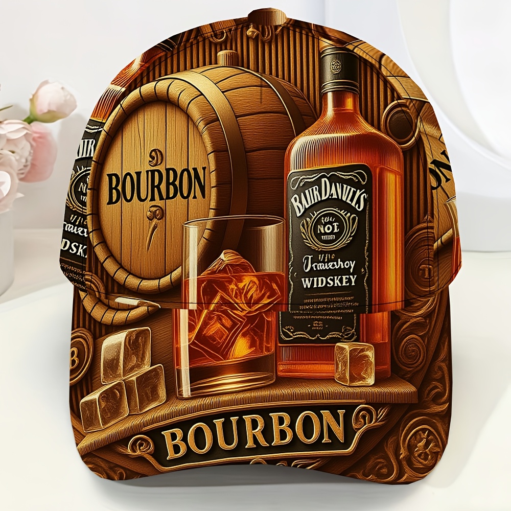 TEMU 1pc, Casquette de baseball style Bourbon Whiskey, Chapeau de soleil tendance et , , Léger, Respirant, 100% Polyester, Taille ajustable,