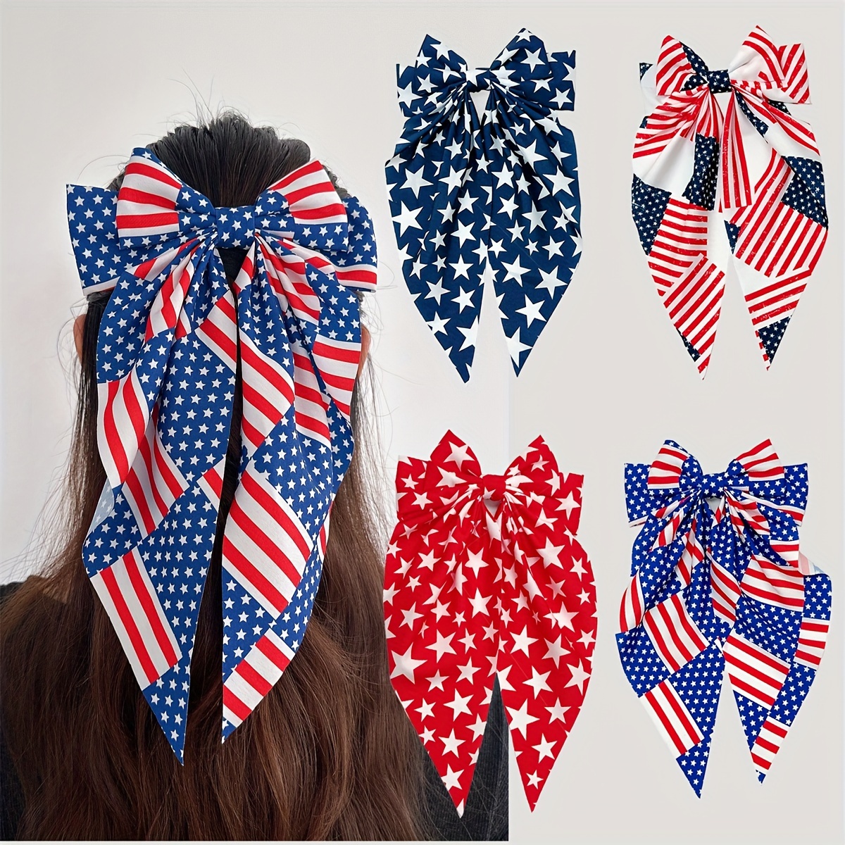 

4pcs Patriotic American Flag Star Bow Tie Hair Clips Set - Elegant Sweet Fabric Bow Hair Accessories With Spring Clip For Women, Ideal For Independence Day Party Hairstyles & Festive Dress-up Decor.