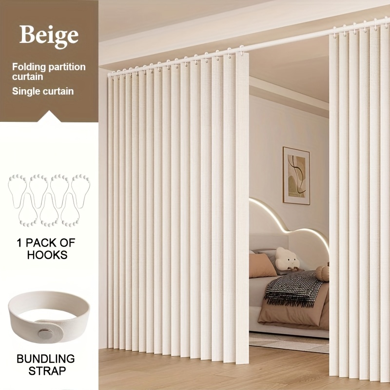 TEMU 1pc High-temperature Molded Wrinkle Foldable Living Room Partition Curtain, Top Perforated, With Plastic Hooks And Storage Noise, Polyester