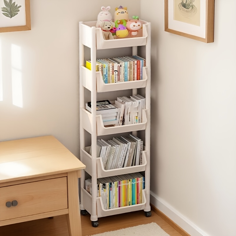 white 3 tier bookshelf with wheels freestanding vertical storage organizer for office bedroom or study durable plastic easy assembly 27 height 20 lbs capacity   books decor and more bookshelf decor bedroom organizer   sturdy construction   modern aesthetic lightweight   organizers plastic storage unit plastic unit bookshelf bookcase Product details 1