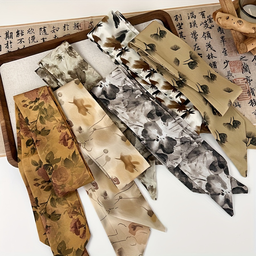 

6-pack Vintage Chinese Style Polyester Headbands For Women, Long Scarf Hair Bands, Bow-knot Hair Accessories, Scarf Neck Scarves, Non-feathered, Printed Design