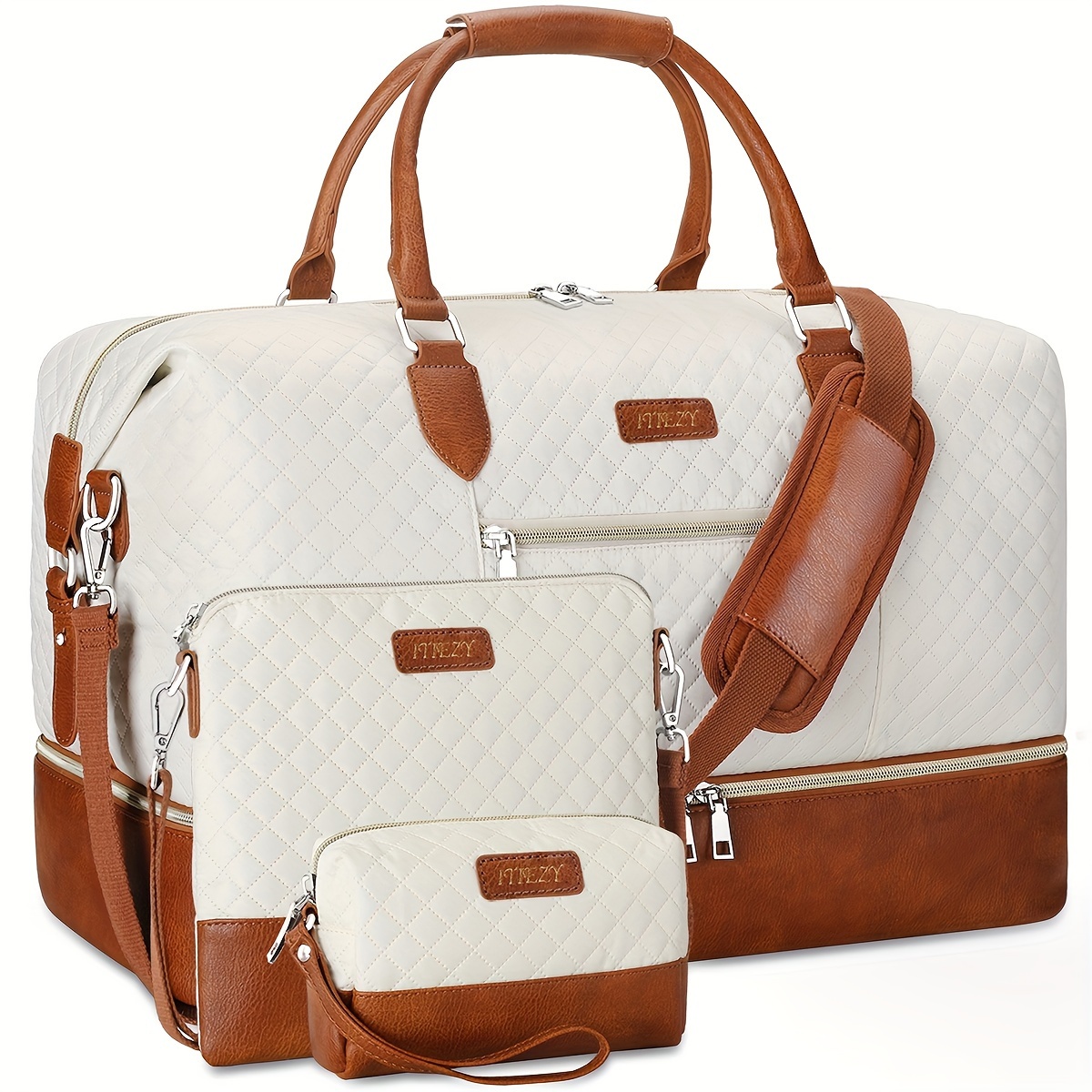 Image of Itiezy 3pcs Weekender Bag For Women Travel Duffel Bag Carry On Overnight Bag With Shoe Compartment Large Duffle Tote Bag For Travel, Cow Pattern