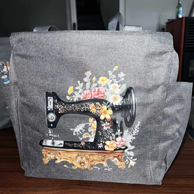 TEMU Elegant Floral Sewing Machine Handbag - Large Capacity Zipper Closure Durable Polyester Handbag With Inspirational Quotes, Perfect For Work,