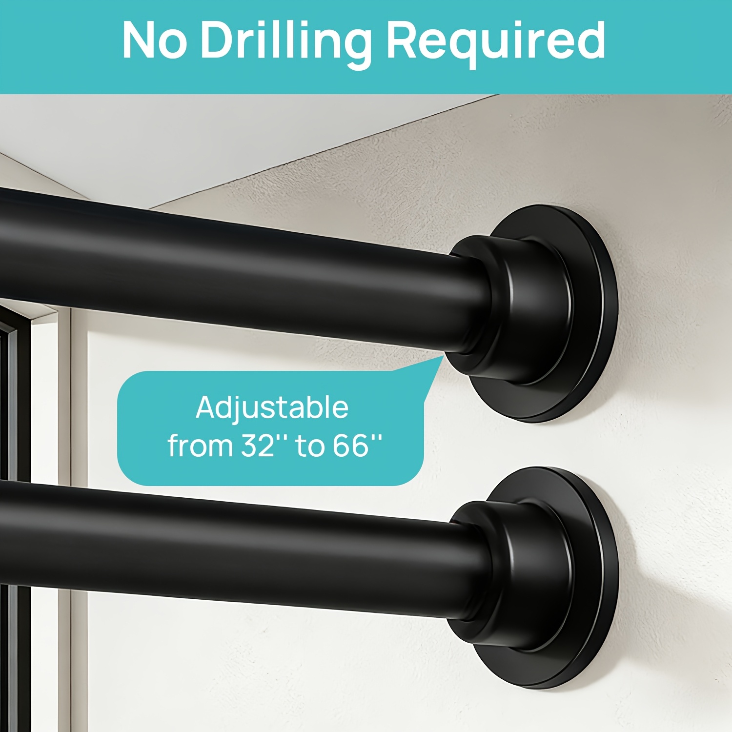 TEMU 2 Pack Adjustable Spring Tension Curtain Rods 32 To 66 Inches, Stainless Steel Matte Black Shower Rod No Drilling For Window, Bathroom, Closet,