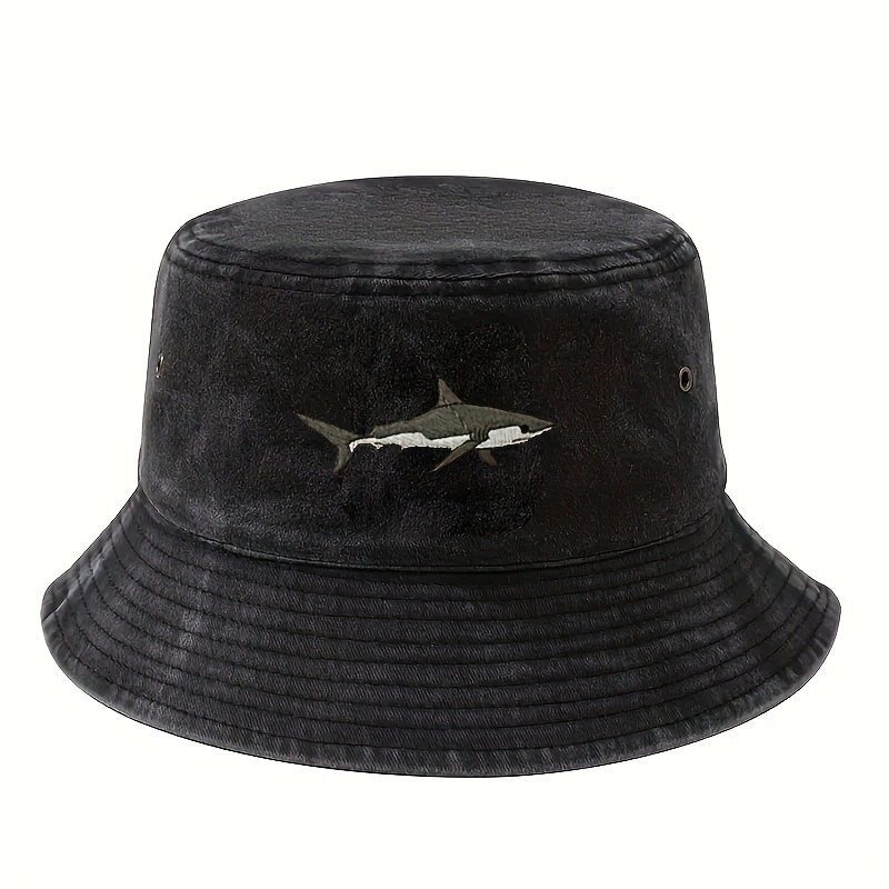 TEMU Shark Embroidered Bucket Hat Vintage Washed Soft Comfortable Casual Versatile Outdoor Fishing Hat
