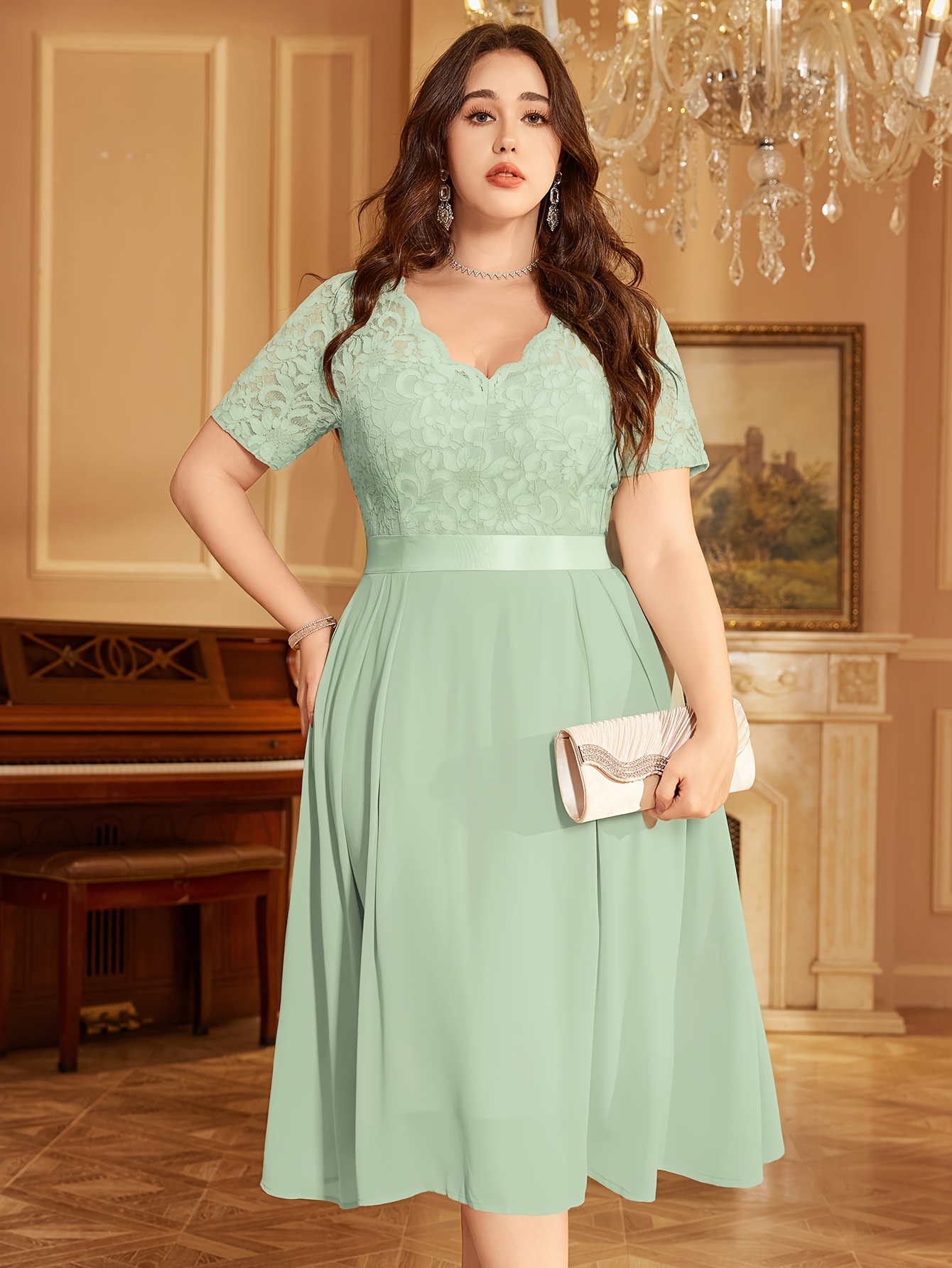 chinese dress ladies BABARONI V Neck Lace and Chiffon Dress with Long Sleeves Mint Green, Mint Green / US0 main image 1