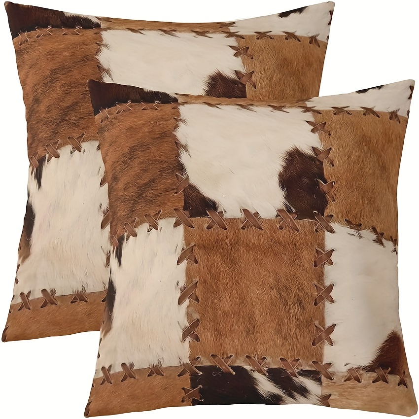 

2 Pcs Super Soft 18x18 Inch Throw Pillow Covers - Western Cowboy Style, Brown & White, No Pillow Core, Zipper Closure, Hand Wash Only, Multiple Room Compatible, Suede Fabric