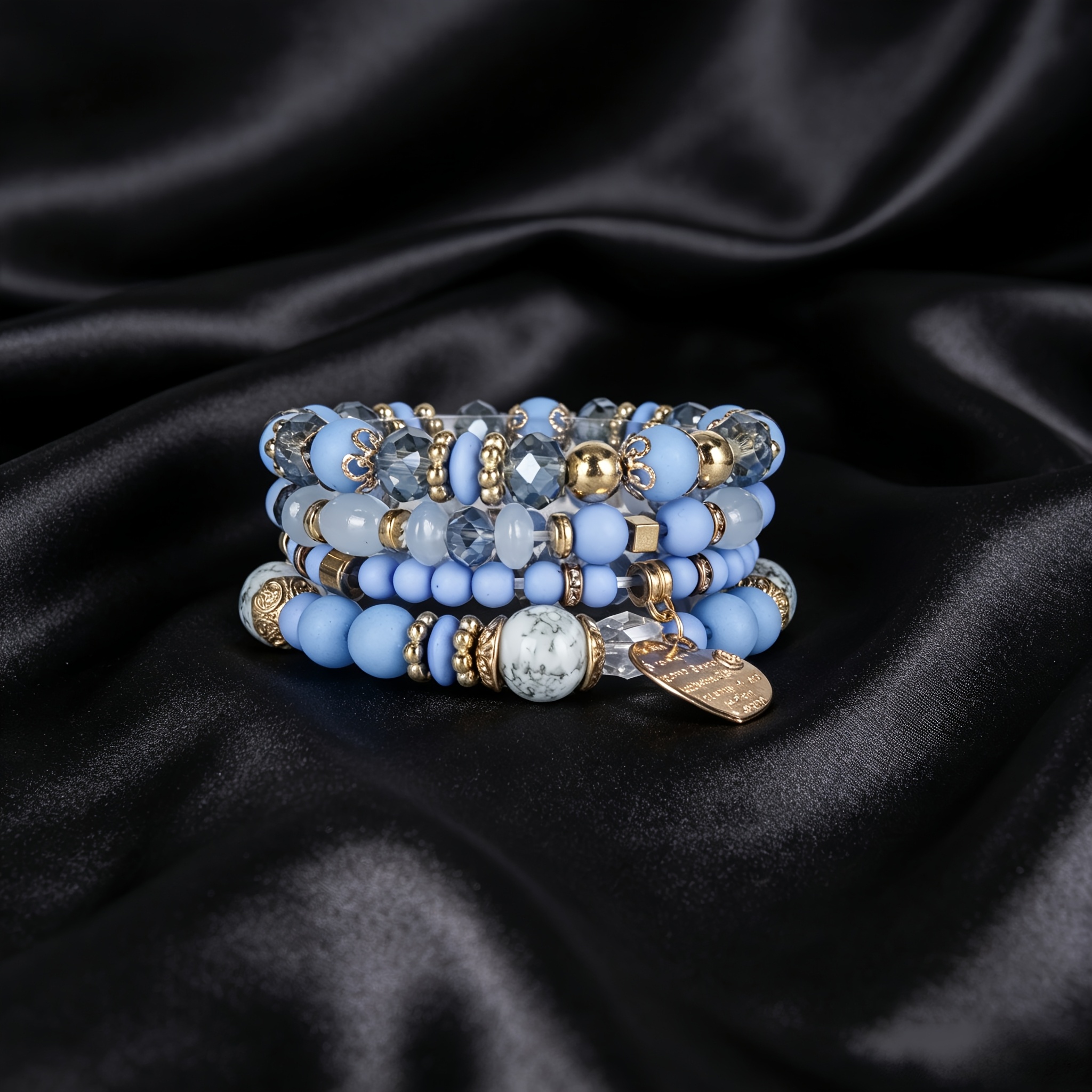 TEMU Stackable Blue Mixed Beaded Bracelet, Vintage Gold-tone Heart Charm Elastic Wristband, Fashion Decorative Jewelry For Women