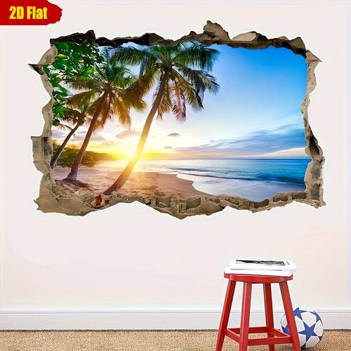 . Tropische Strand Palmen Sonnenuntergang Tapete Dekoration - Realistischer Ozeanblick Selbstklebende Wandsticker, Rückstandsfrei Leicht Abziehbar & Aufklebend, Dramatisches Muster für Wohnzimmer, Küche, Badezimmer - Zeitgenössische Küstenhausdekoration, Kein Benötigt, Küchendekor, Sonnenuntergang Thema, Glänzender , PVC-Material, Flach in 2D, Und Ihre Gäste mit einem Frischen, Langlebigem Aussehen | zur Raumgestaltung! Verleihen Sie Ihrem Zuhause eine No
