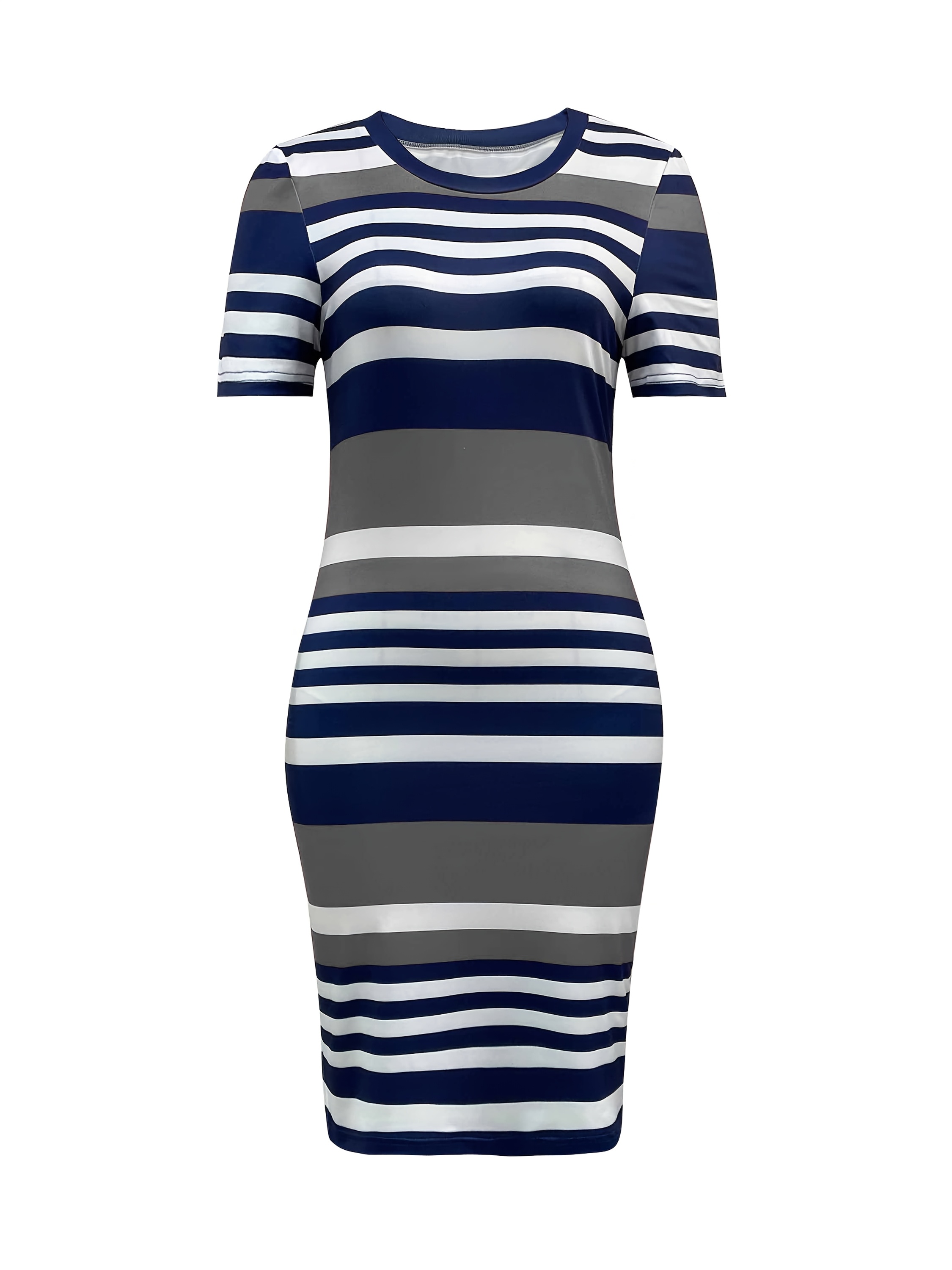 navy blue and white striped bodycon dress Uoozee-Official Long Sleeves Loose Contrast Color Striped V-Neck Midi Dresses Sweater Dresses NAVY BLUE / M