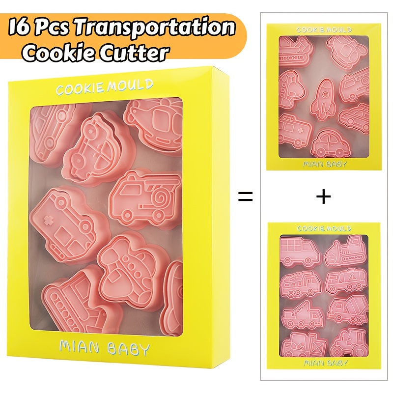Image of 16pcs Transportation Vehicle Cookie Cutters Set - Car Fondant Molds Kids Cartoon Engineering Vehicle Mixer Truck Biscuits Molds For Boys Birthday Party Decoration & Back To School