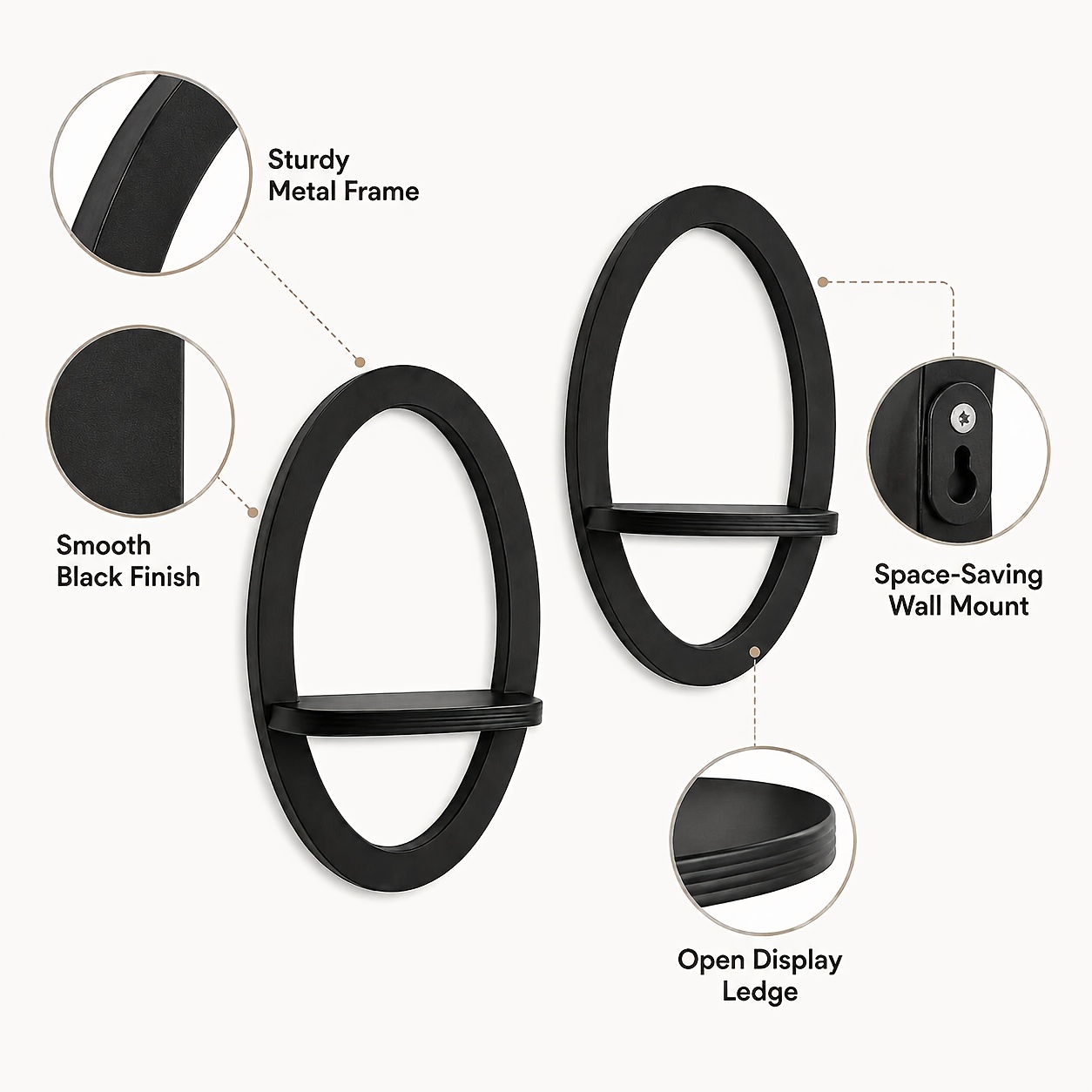 2pcs Matte Black Oval Frame Floating Wall Shelves