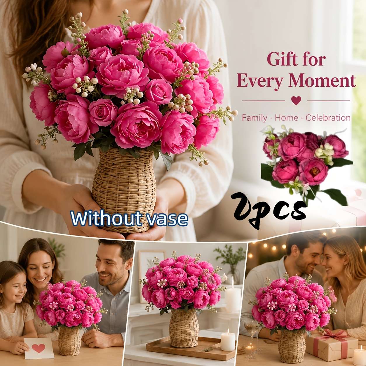 TEMU 2 Bundles Of Net Pink Artificial Peony Bouquet, High Texture, 3d Flowers, Sun And Fade Resistant, Maintenance-free, Home Decor, Wedding ,